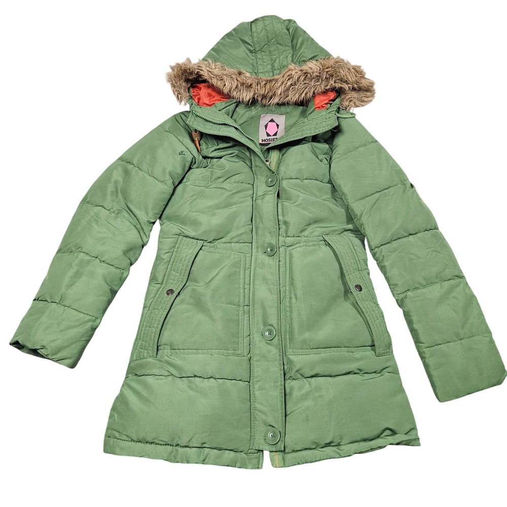 Hosiery Hooded Puffer Jacket‎ S Green Faux Fur Trim Parka Winter Grunge Minimal